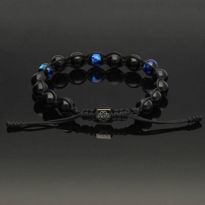 Makramee Armband aus leuchtendem Hotaru-Glas mit Silber und poliertem Onyx