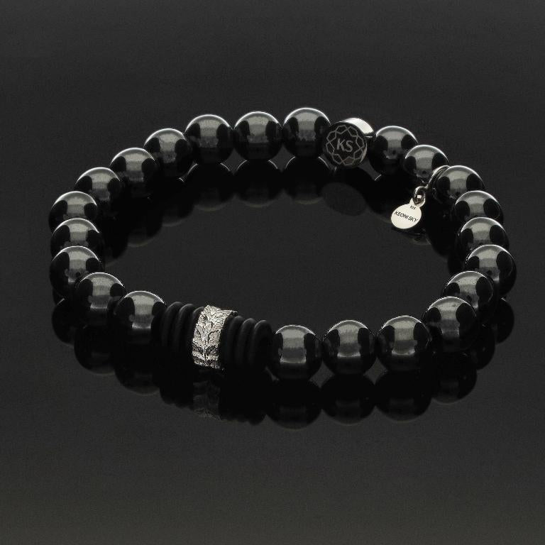 Armband aus 925 Silber in Blattoptik, Onyx & Hämatit