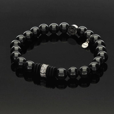 Armband aus 925 Silber in Blattoptik, Onyx & Hämatit