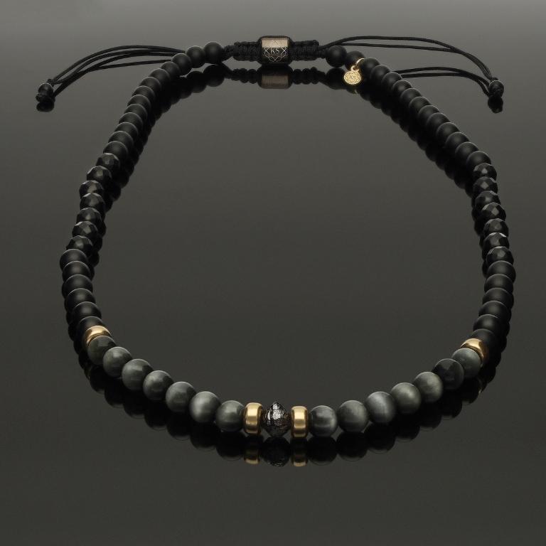 Makramee-Halskette mit schwarzem Rohdiamant, 585 Gelbgold, Falkenauge & Onyx in 6mm