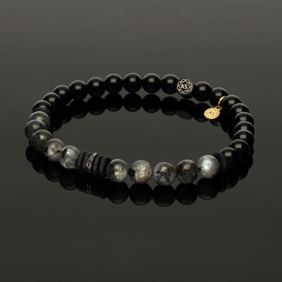 Edelstein Armband mit schwarz rhodniniertem Rondell aus 585 Weißgold & 16 schwarzen Diamanten, 585 Gelbgold, Larvikit & Onyx in 6mm