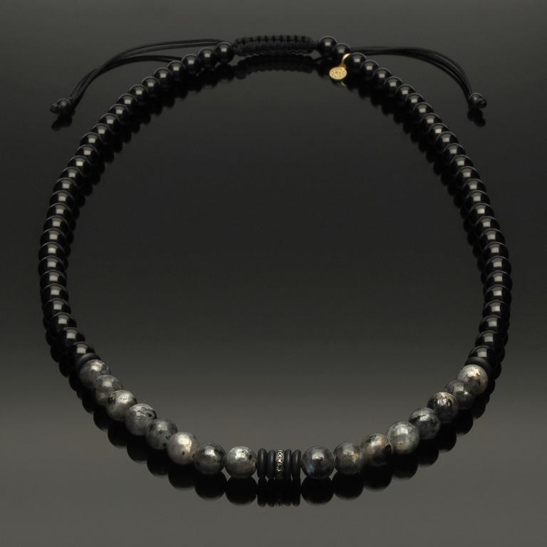 Edelstein Makramee-Halskette mit schwarz rhodniniertem Rondell aus 585 Weißgold & 16 schwarzen Diamanten, 585 Gelbgold, Larvikit & Onyx in 6mm