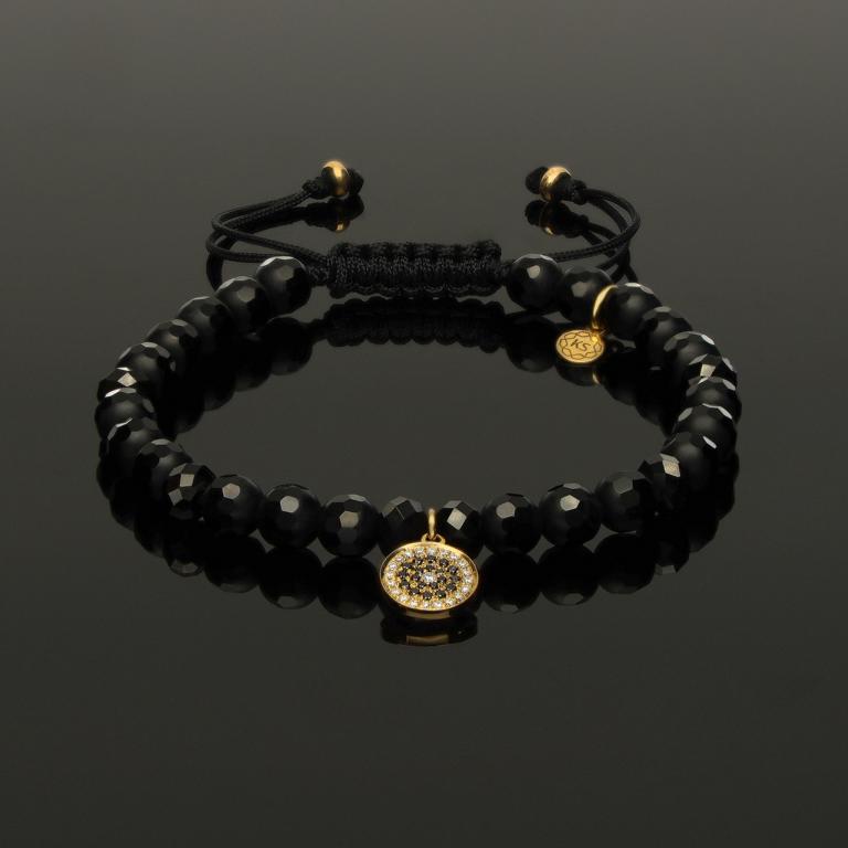 Edelstein Makramee-Armband mit weißen & schwarzen Diamanten in 585 Gelbgold-Anhänger, funkelndem Spinell & Onyx in 6mm