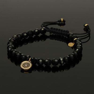 Edelstein Makramee-Armband mit weißen & schwarzen Diamanten in 585 Gelbgold-Anhänger, funkelndem Spinell & Onyx in 6mm