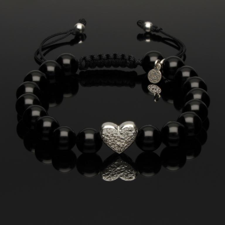 Makramee Armband mit Onyx & gehämmertem Herz aus 925 Silber