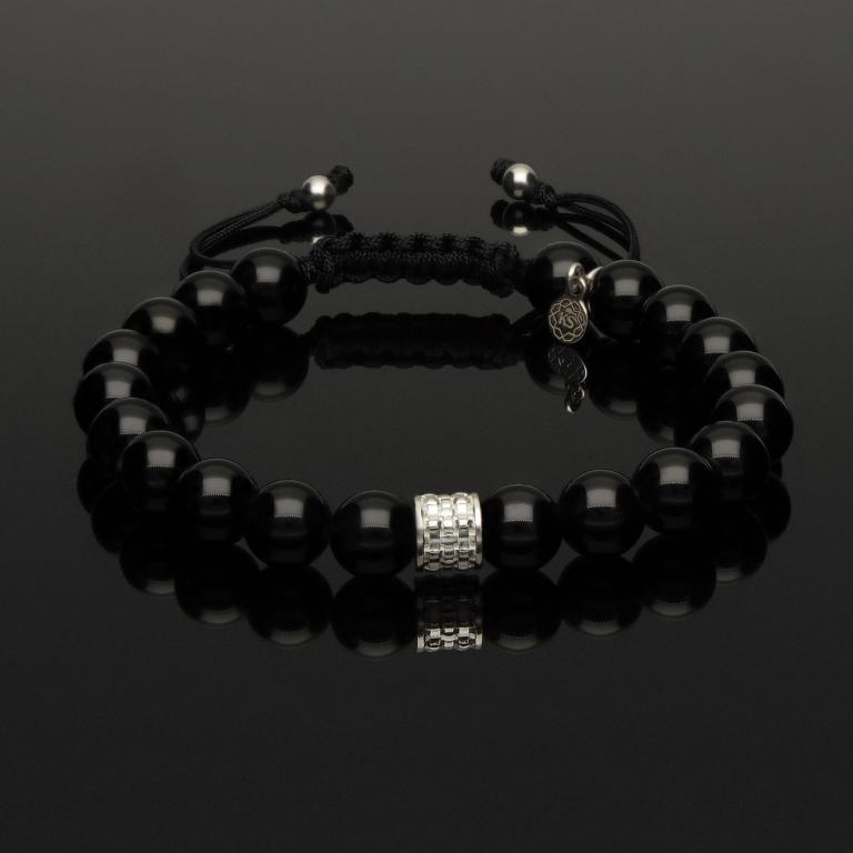 Makramee Armband mit Onyx und geflochtenem Rondell aus 925 Silber in 8mm