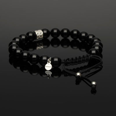 Makramee Armband mit Onyx und geflochtenem Rondell aus 925 Silber in 8mm