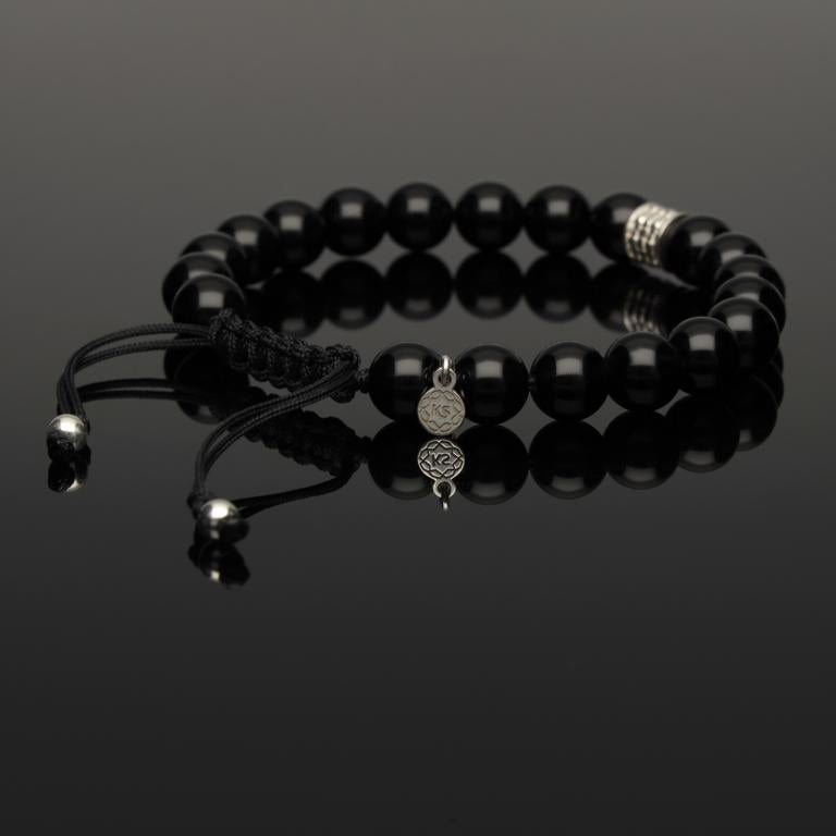 Makramee Armband mit Onyx und geflochtenem Rondell aus 925 Silber in 8mm