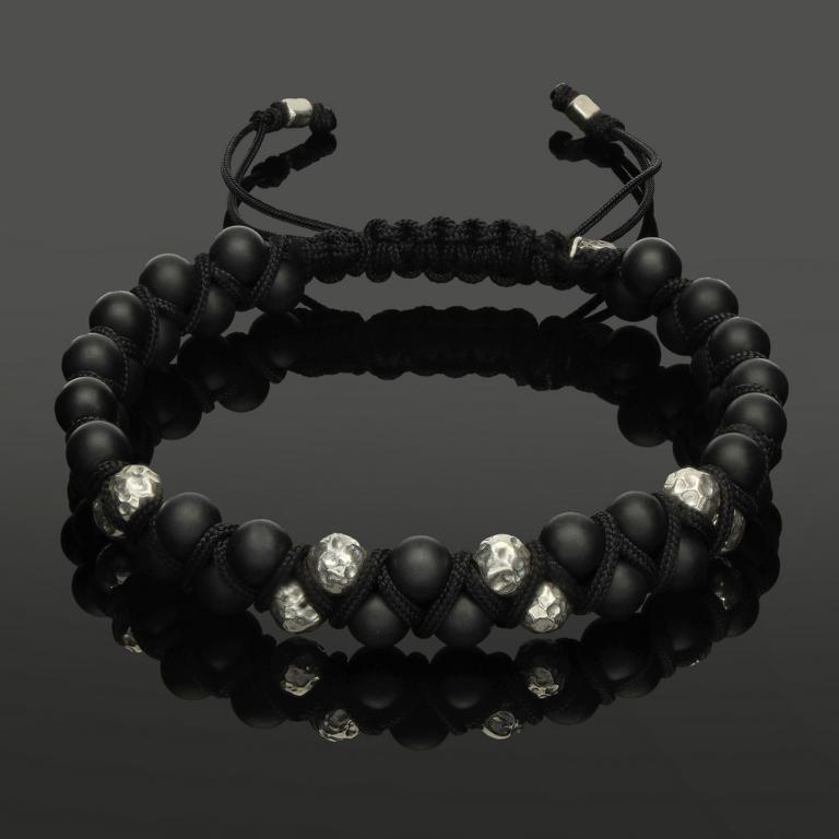 Makramee Armband mit gehämmertem 925 Silber & Onyx in 6mm