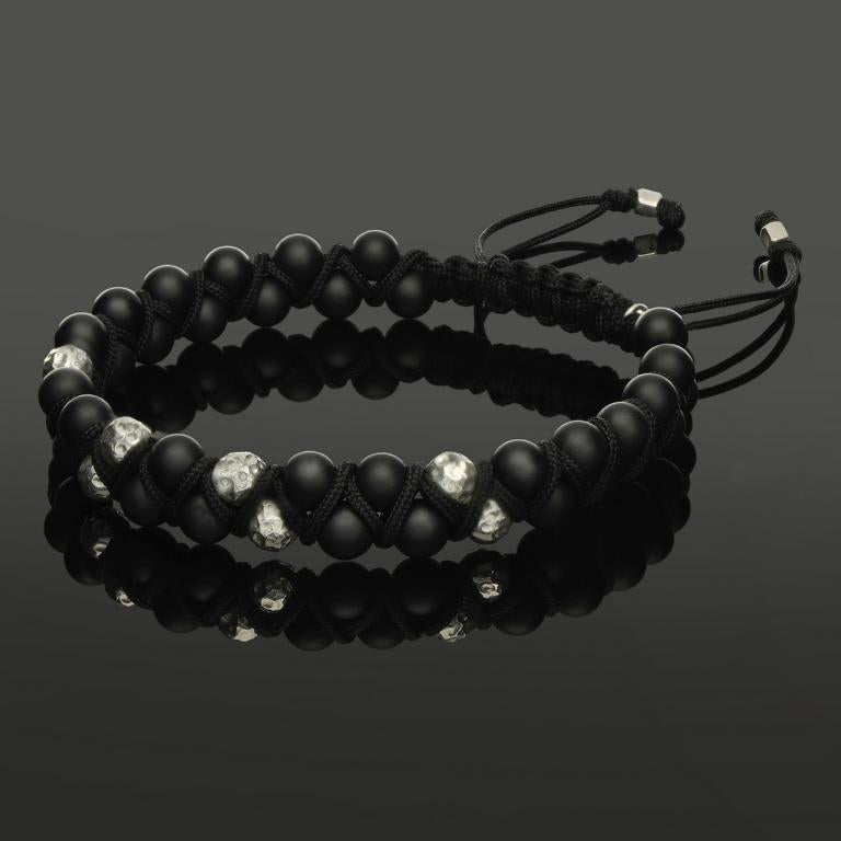 Makramee Armband mit gehämmertem 925 Silber & Onyx in 6mm