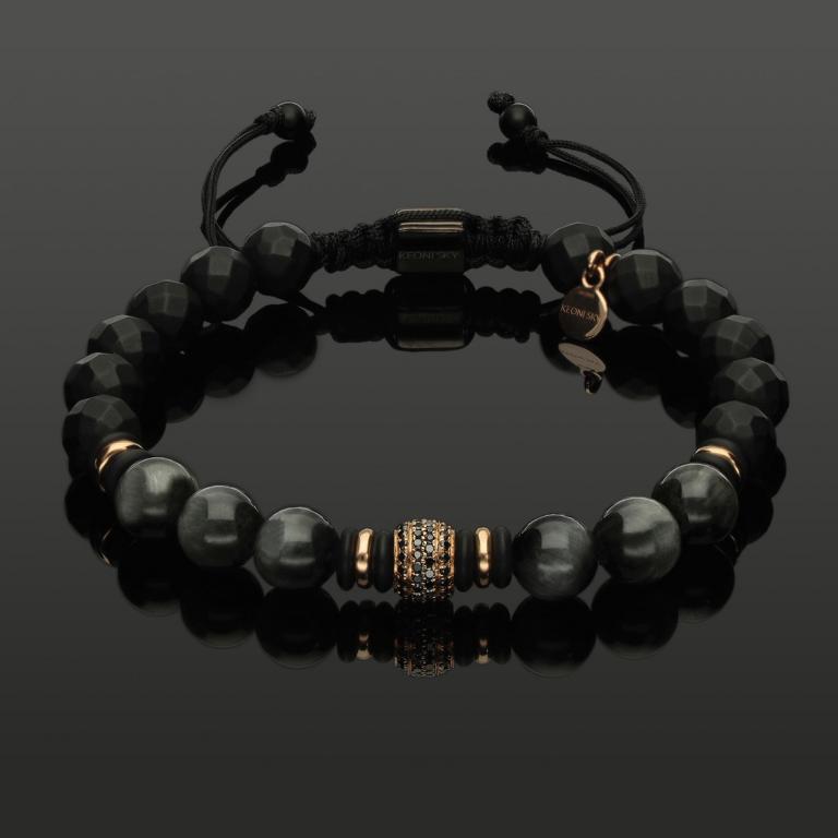 Edelstein Makramee-Armband mit 76 schwarzen Diamanten in 585 Roségold, Falkenauge & Onyx in 8mm