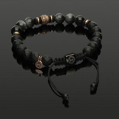 Edelstein Makramee-Armband mit 76 schwarzen Diamanten in 585 Roségold, Falkenauge & Onyx in 8mm